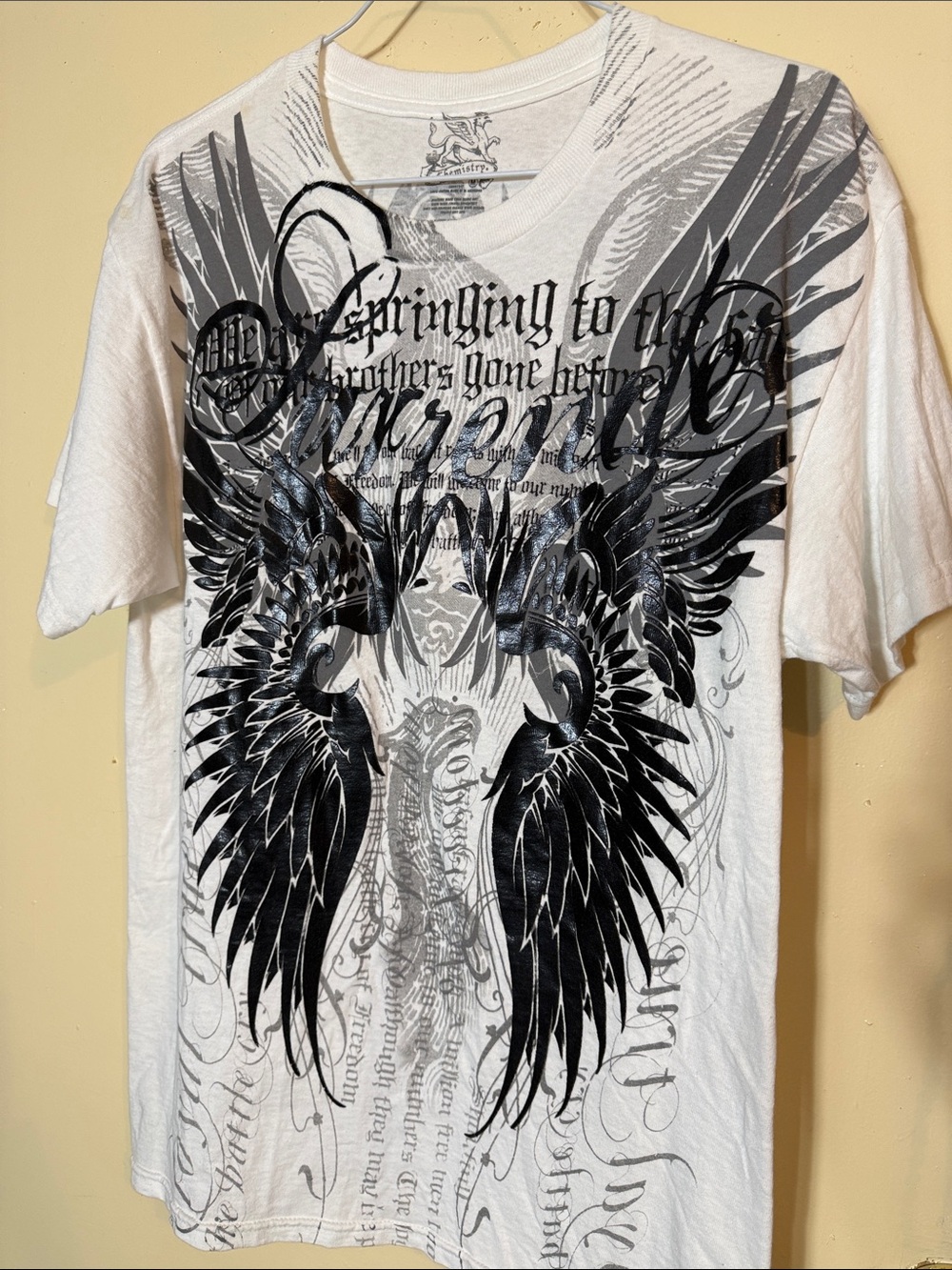 Vintage Chemistry White Short-Sleeve Tee with Black Wing Graphic